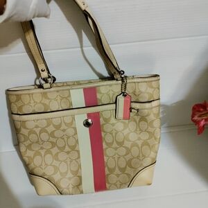 Coach Beige Signature Canvas Tote with Pink and Cream Stripe